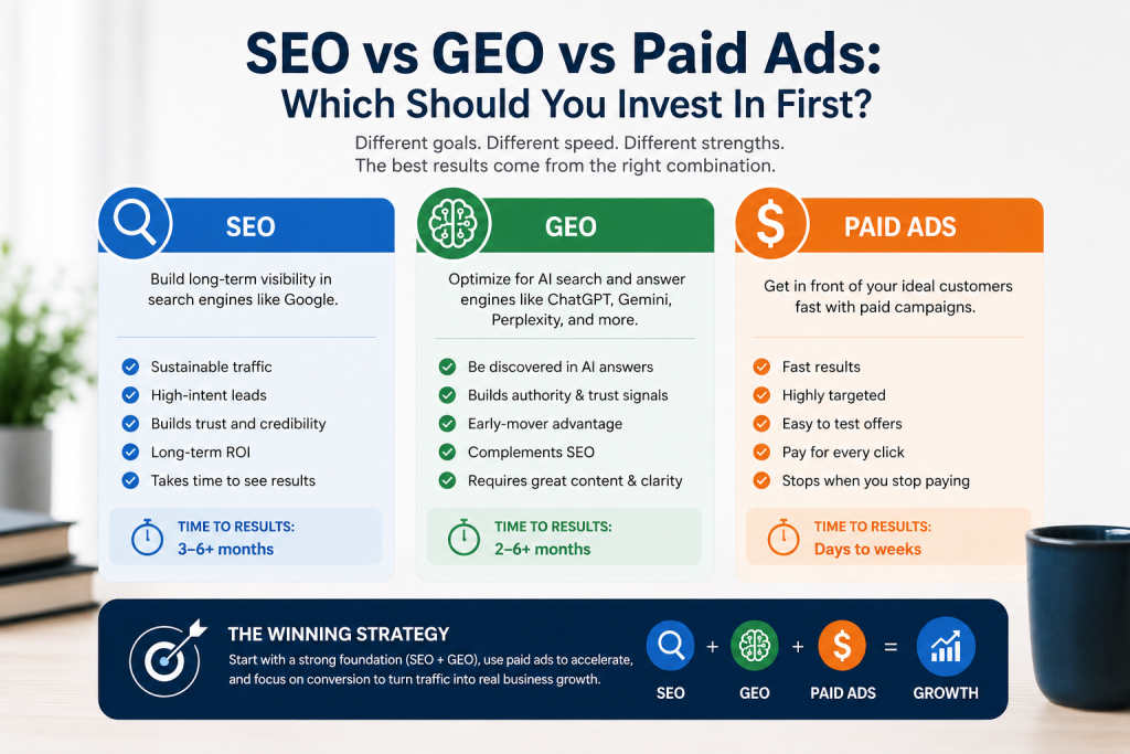 SEO vs GEO vs Paid Ads: What Should a Small Business in the USA Invest In First?